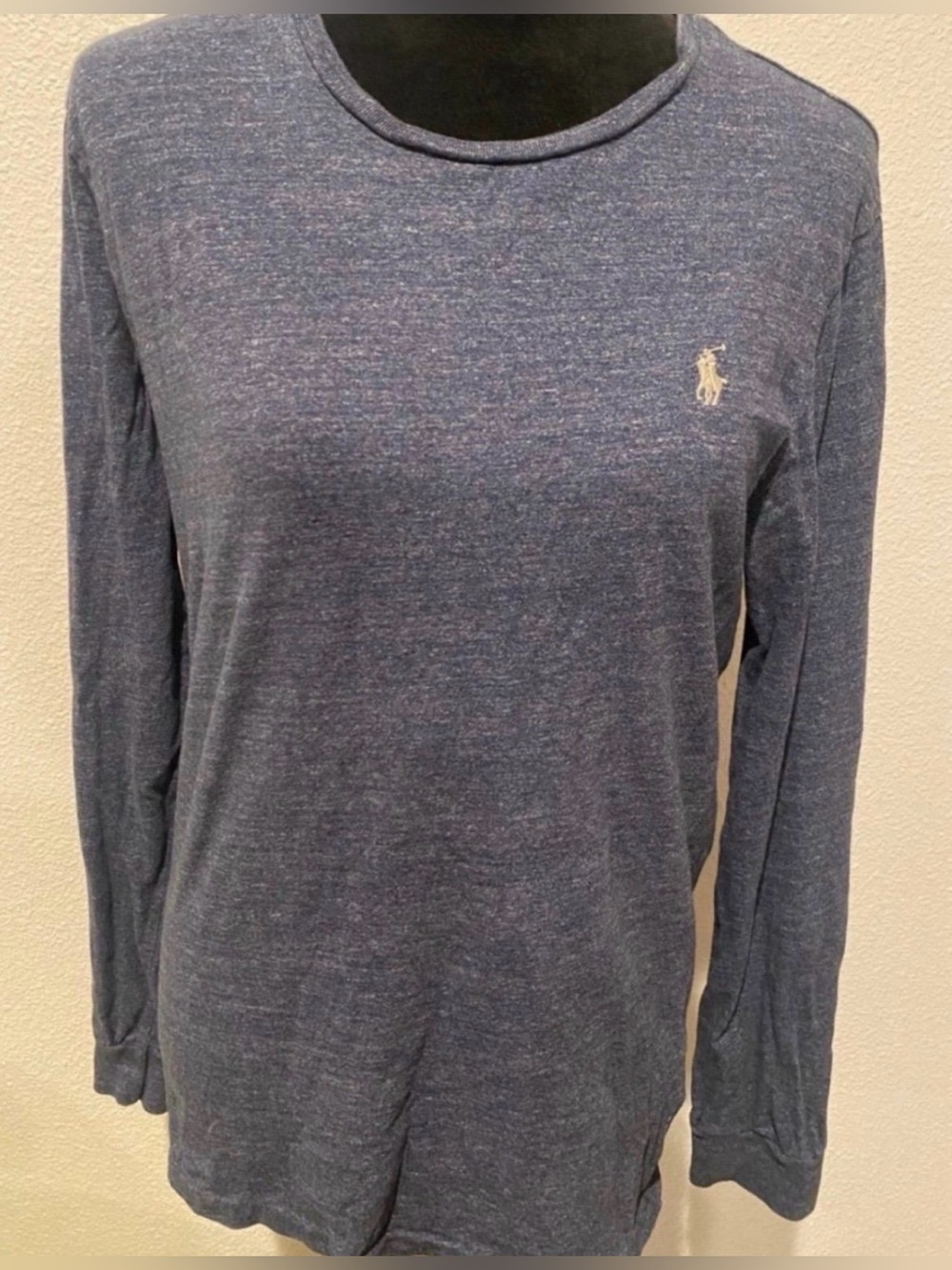 Women’s Ralph Lauren Heathered Navy Long Sleeve Crew Tee with Polo Logo (Size M)